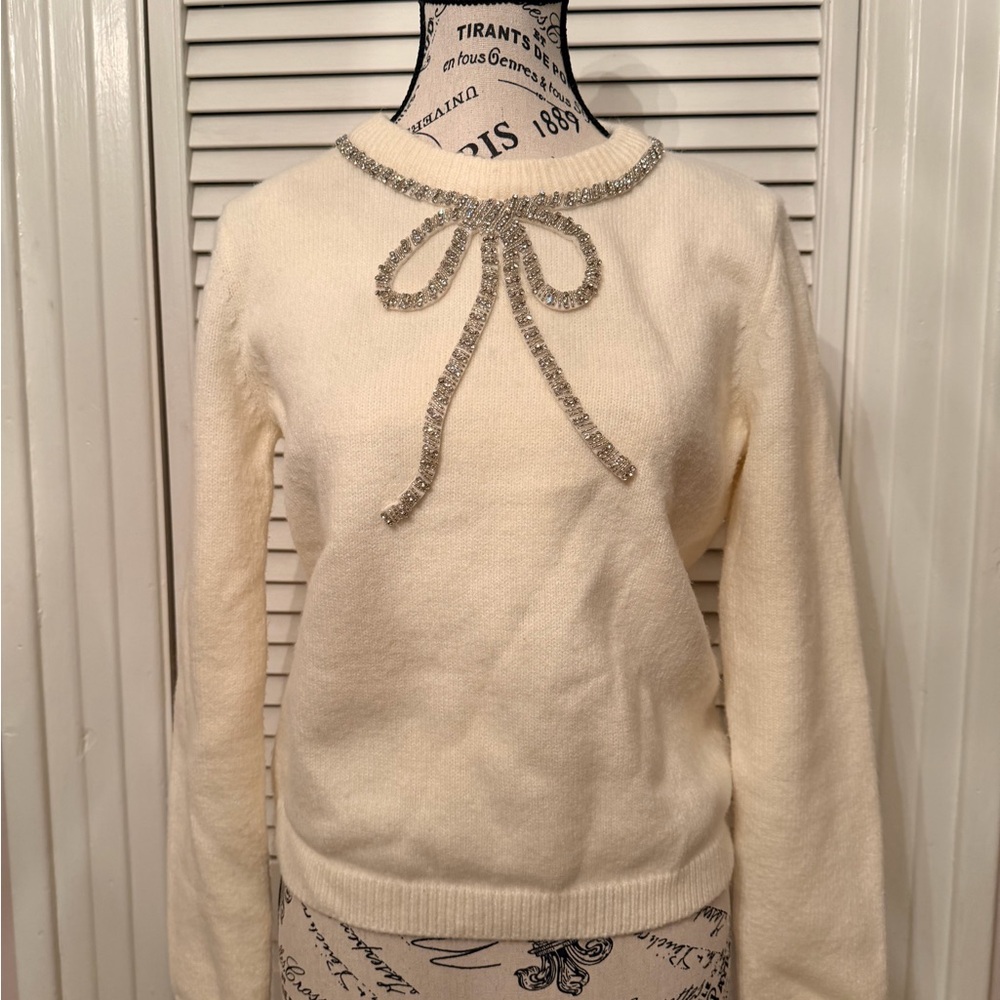 English Factory Cream Sweater with Sparkly Bow Accent